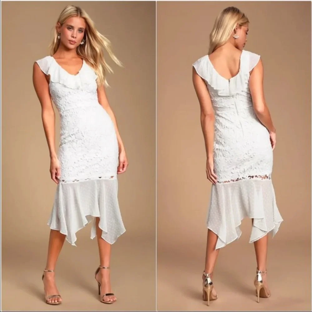 NWT Luluβs Dagny Lace Swiss Dot Ruffled Midi Dress - Picture 1 of 10